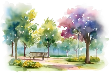 Watercolor sketch of a park with bench and trees on a white backgroundの素材