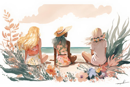 Beautiful girls on the beach. Hand drawn watercolor illustration.の素材