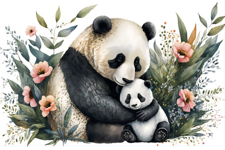 Watercolor illustration of a panda mother with her baby in the wild.の素材
