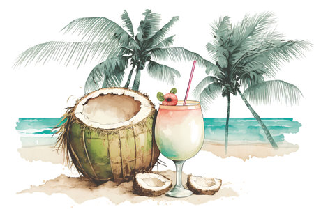 Coconut cocktail on the beach. Watercolor hand drawn illustrationの素材