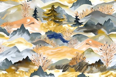Seamless pattern with mountains and forest. Watercolor illustration.の素材