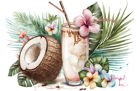 Coconut watercolor illustration. Exotic summer cocktail. Cocktail with coconut, plumeria, tropical leaves.の素材