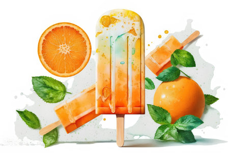 Watercolor ice cream popsicles with orange and mint on white backgroundの素材