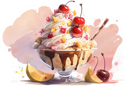Chocolate ice cream with whipped cream and cherries. Vector illustration.の素材