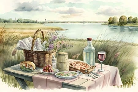 Picnic on the lake with a basket of food. Watercolor paintingの素材