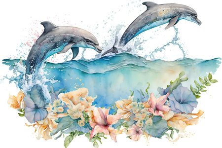 Beautiful watercolor illustration with dolphins and flowers on a white backgroundの素材