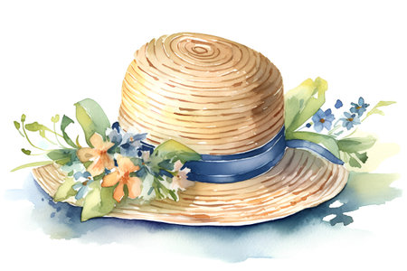 Beautiful vector image with nice watercolor summer hat and bouquetの素材
