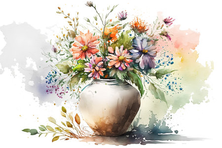 Bouquet of wildflowers in vase. Watercolor illustrationの素材