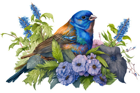 Beautiful watercolor illustration of a bird sitting on a branch with flowersの素材