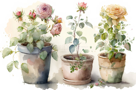 Watercolor illustration of roses in pots. Hand drawn flowers and plants.の素材