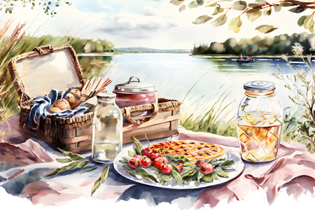 Picnic on the lake. Watercolor hand drawn illustration for your designの素材