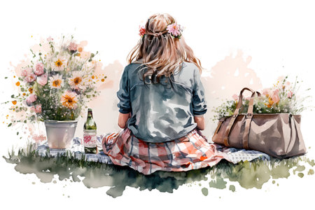 Beautiful young girl with a bouquet of flowers. Watercolor paintingの素材
