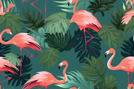 Seamless pattern with flamingos and tropical leaves. Vector illustrationの素材