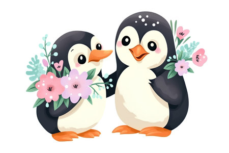 Two cute penguins with flowers. Vector illustration isolated on white background.の素材