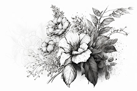 Hand drawn bouquet of flowers. Black and white vector illustration.の素材