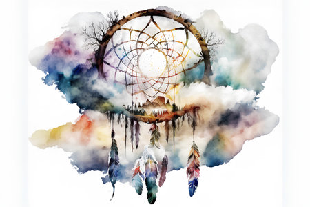 Watercolor dreamcatcher. Hand drawn illustration on white background.の素材