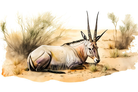 Gemsbok antelope in the savannah. Watercolor illustrationの素材