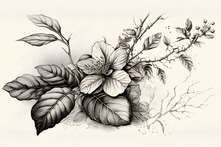 Hand drawn sketch of hibiscus flowers and leaves. Vector illustration.の素材