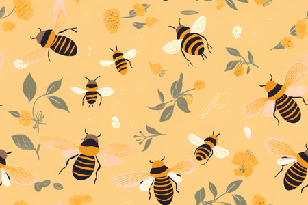Seamless pattern with bees and flowers. Vector illustration in flat style.の素材