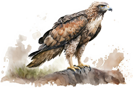 Watercolor illustration of a hawk on a rock. Hand drawn illustrationの素材