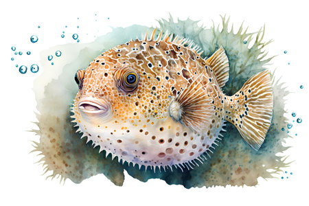 Watercolor puffer fish on a white background. Hand-drawn illustrationの素材