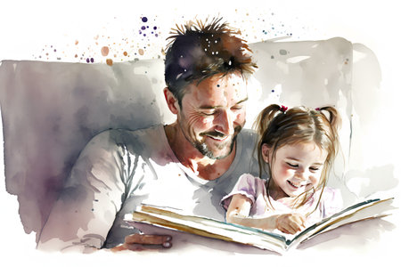 Father and daughter reading a book. Watercolor painting. Illustration.の素材
