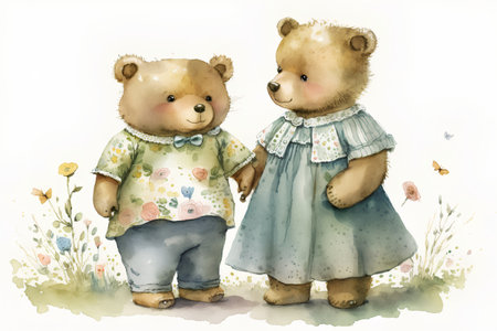 Watercolor illustration of a couple of bears in a summer dress.の素材