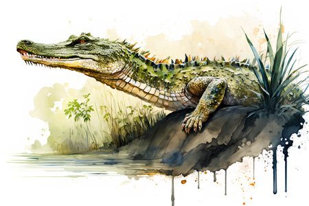 Crocodile on the river bank. Watercolor illustration.の素材