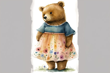 Watercolor illustration of a cute bear in a dress on a gray backgroundの素材