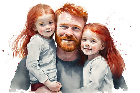Portrait of a happy family with red hair and beard. Watercolor painting.の素材