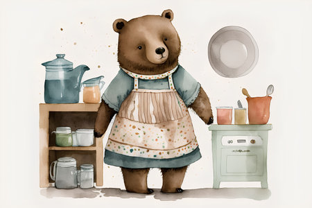 Watercolor illustration of a bear in apron standing in the kitchenの素材