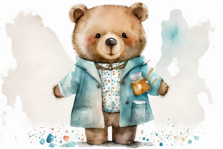 Watercolor illustration of a teddy bear with a bottle of honeyの素材