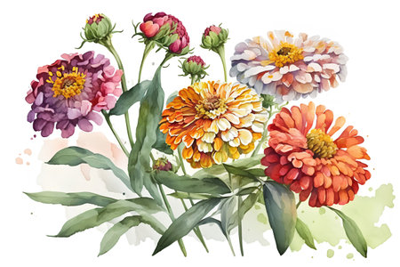 Watercolor bouquet of flowers. Zinnia, chrysanthemum, dahliaの素材