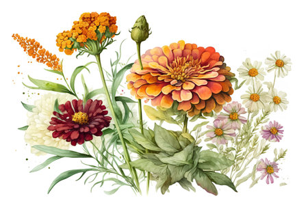 Beautiful vector image with nice watercolor dahlias and wildflowersの素材