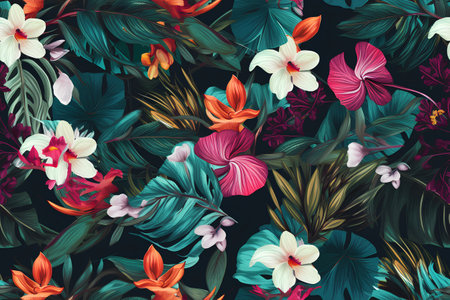 Seamless pattern with tropical flowers and leaves. Vector illustration.の素材