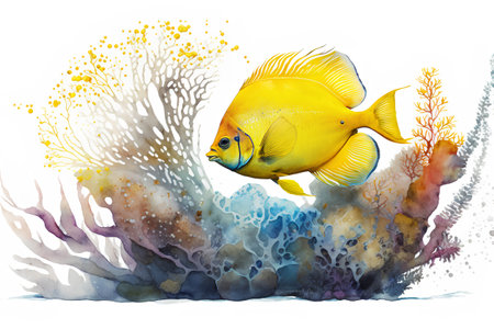 Watercolor illustration of a yellow tropical fish on a coral reef.の素材