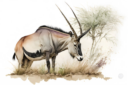Watercolor image of Oryx antelope in the savannahの素材
