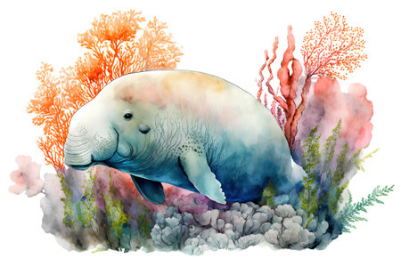 watercolor sketch of a polar bear on a background of coralsの素材