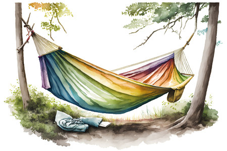 Hand drawn watercolor illustration of a hammock with sleeping man.の素材