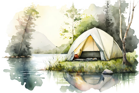 Watercolor illustration of a camping tent on the lake. Watercolor painting.の素材