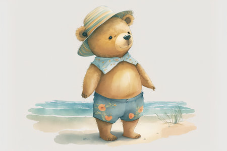 Watercolor illustration of a teddy bear in shorts and a summer hat on the beach.の素材