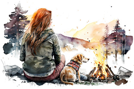 Girl and dog sitting near bonfire. Watercolor hand drawn illustrationの素材