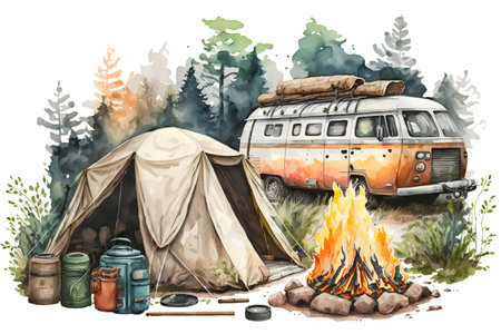 Camping with a camper van. Watercolor hand drawn illustrationの素材
