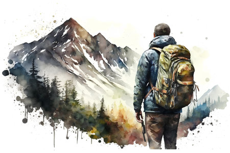 Hiker with backpack on the background of mountains. Watercolor illustrationの素材