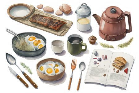 Set of food and kitchen utensils. Watercolor illustration.の素材