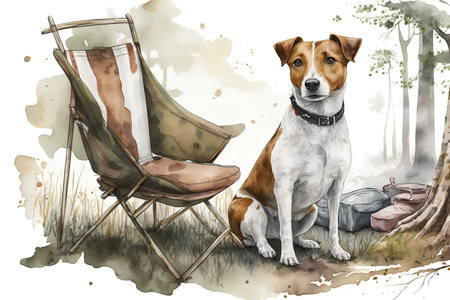 Hand drawn watercolor illustration of a Jack Russell Terrier sitting on a deck chair.の素材