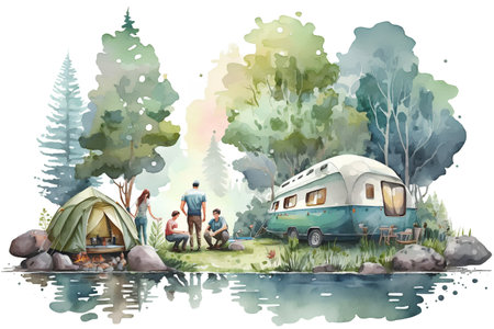 Watercolor illustration of family camping on the lake with camper vanの素材