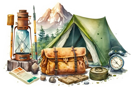 Camping set with backpack, map, compass, lantern and other equipment. Watercolor illustrationの素材