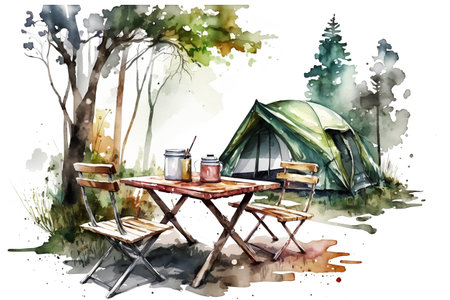 Watercolor illustration of a camping tent and a cup of coffee.の素材