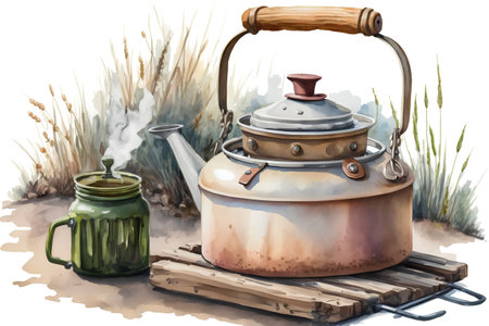 Watercolor illustration of a teapot and a kettle on a wooden boardの素材
